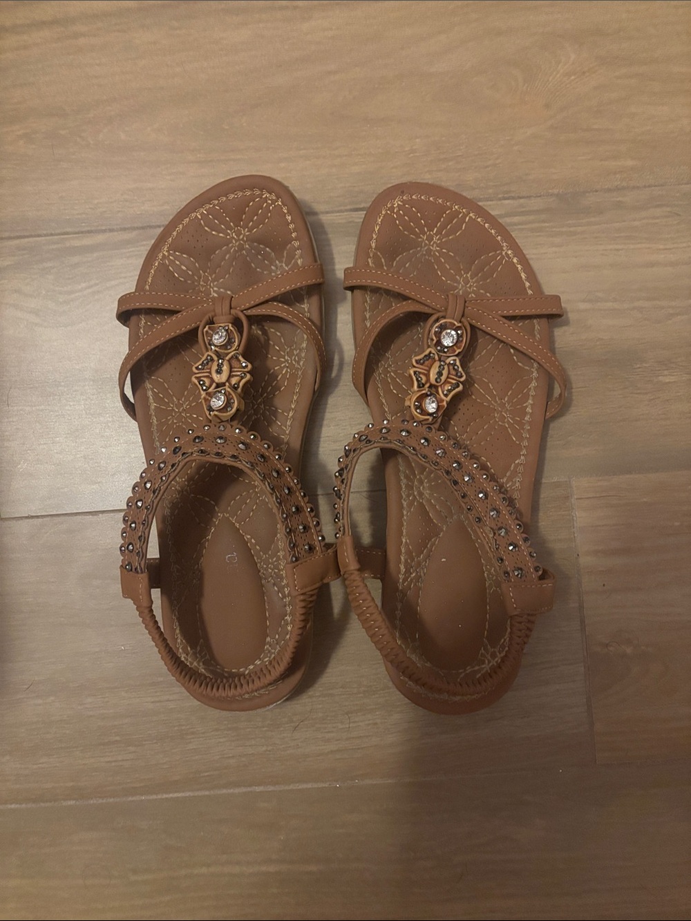Women's Tan Embellished T-Strap Sandals